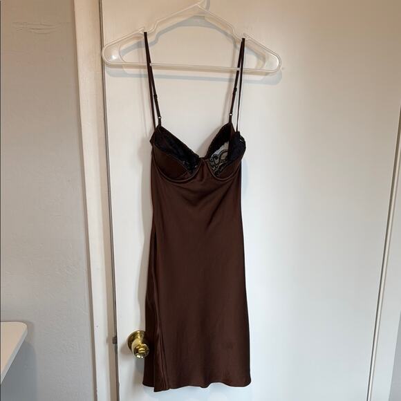 Mirror Palais Silk Satin Underwire Slip Mini Dress Medium Chocolate Brown - Picture 9 of 14